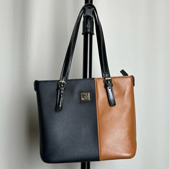 Anne Klein Handbags - Anne Klein Black Tan Vegan Leather Shoulder Bag Patent Color Block Two Tone Faux